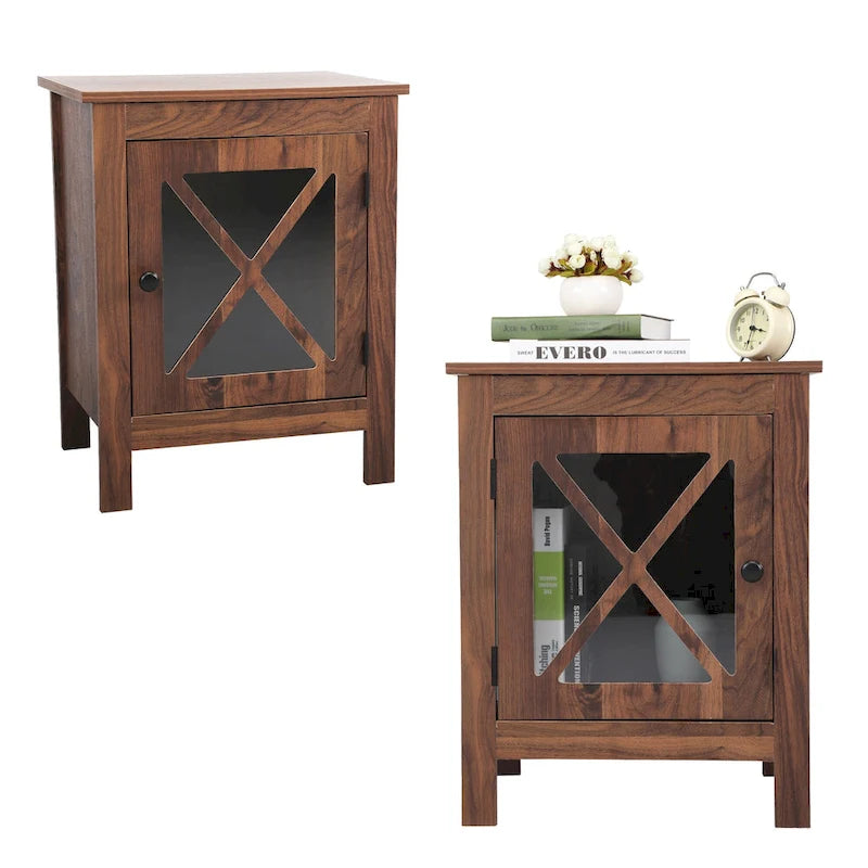 Comodino industriale marrone/bianco/naturale/grigio con anta in vetro, set da 2