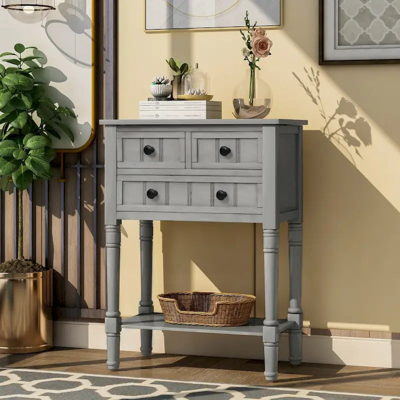Tavolo consolle da divano anticato con 3 cassetti e ripiano inferiore – Bianco sporco / Blu marino / Blu antico / Espresso / Grigio lavato