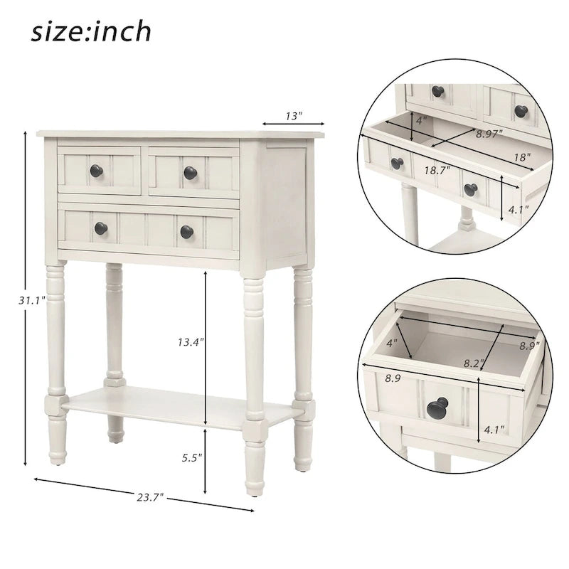 Tavolo consolle da divano anticato con 3 cassetti e ripiano inferiore – Bianco sporco / Blu marino / Blu antico / Espresso / Grigio lavato
