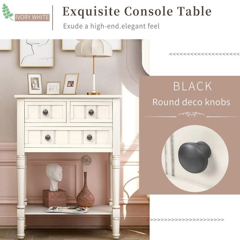Tavolo consolle da divano anticato con 3 cassetti e ripiano inferiore – Bianco sporco / Blu marino / Blu antico / Espresso / Grigio lavato