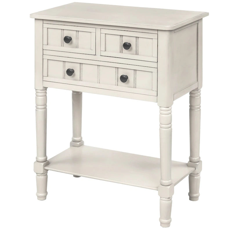 Tavolo consolle da divano anticato con 3 cassetti e ripiano inferiore – Bianco sporco / Blu marino / Blu antico / Espresso / Grigio lavato
