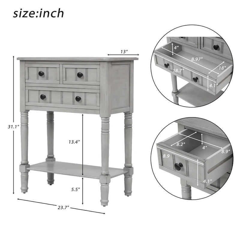 Tavolo consolle da divano anticato con 3 cassetti e ripiano inferiore – Bianco sporco / Blu marino / Blu antico / Espresso / Grigio lavato