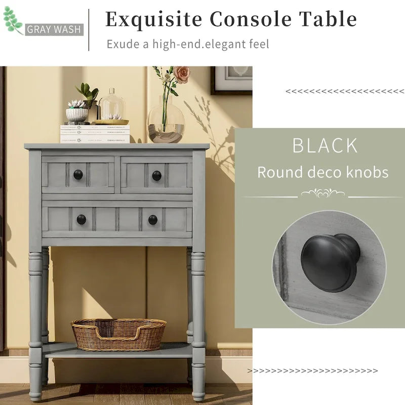 Tavolo consolle da divano anticato con 3 cassetti e ripiano inferiore – Bianco sporco / Blu marino / Blu antico / Espresso / Grigio lavato