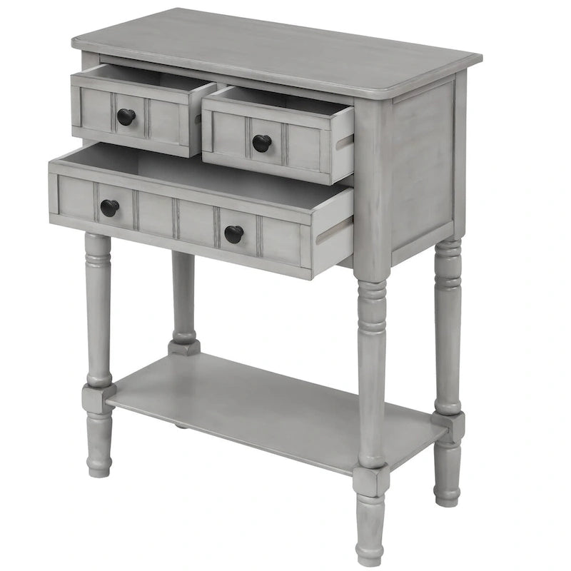 Tavolo consolle da divano anticato con 3 cassetti e ripiano inferiore – Bianco sporco / Blu marino / Blu antico / Espresso / Grigio lavato