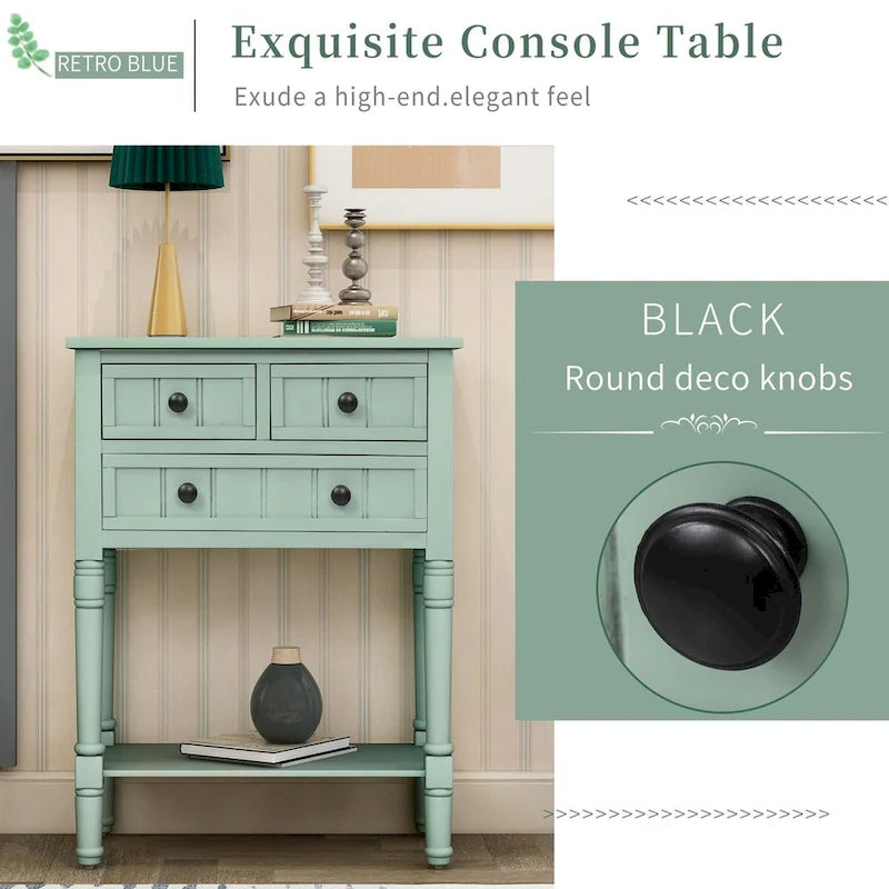 Tavolo consolle da divano anticato con 3 cassetti e ripiano inferiore – Bianco sporco / Blu marino / Blu antico / Espresso / Grigio lavato