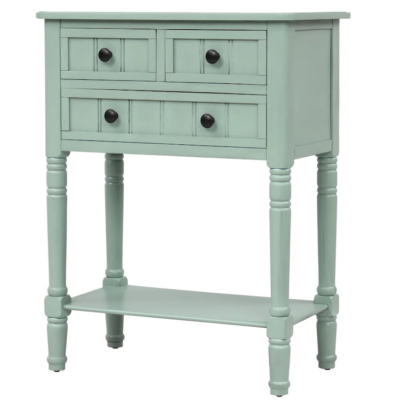 Tavolo consolle da divano anticato con 3 cassetti e ripiano inferiore – Bianco sporco / Blu marino / Blu antico / Espresso / Grigio lavato