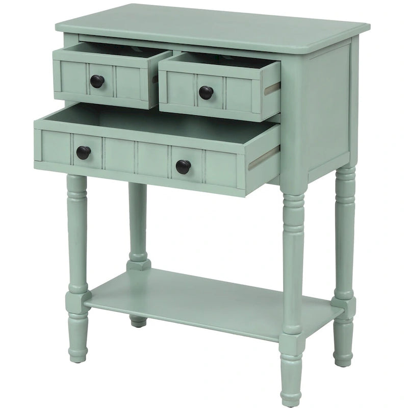 Tavolo consolle da divano anticato con 3 cassetti e ripiano inferiore – Bianco sporco / Blu marino / Blu antico / Espresso / Grigio lavato