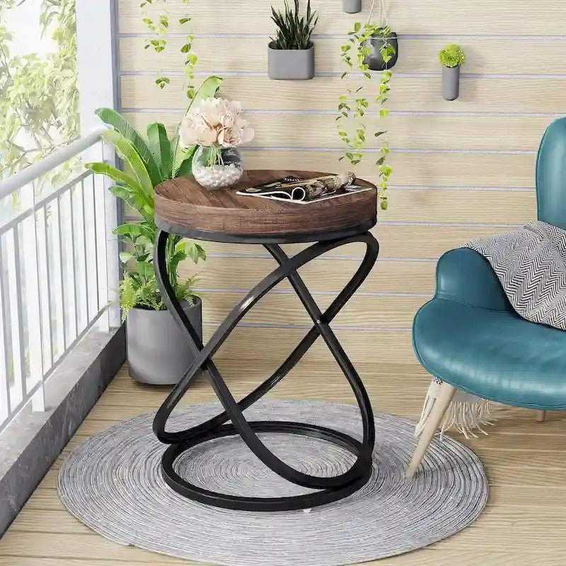 Tavolino rotondo con struttura in metallo, set da 2, bianco e oro / marrone e nero