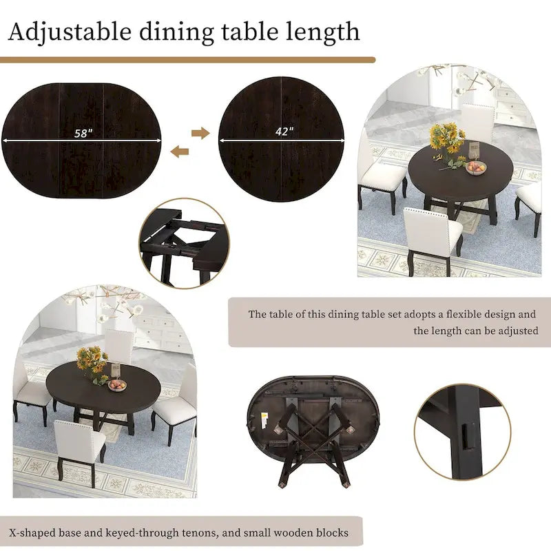 Tavolo da pranzo allungabile rotondo Espresso/Naturale, base a X, 4-6 posti a sedere