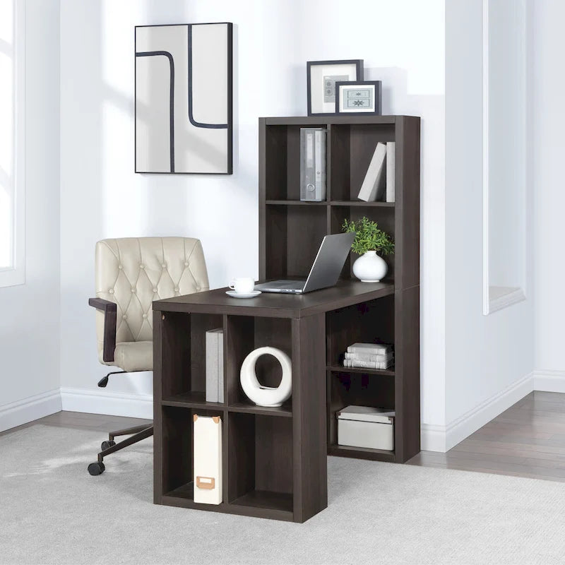 Scrivania a L color Moka con libreria a 12 scomparti, utente singolo