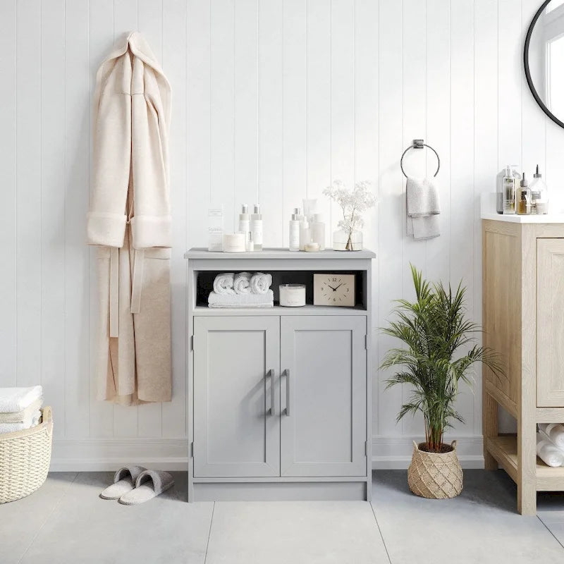 Mobiletto da bagno a pavimento autoportante bianco/grigio, con 2 ante, montaggio da 1 persona