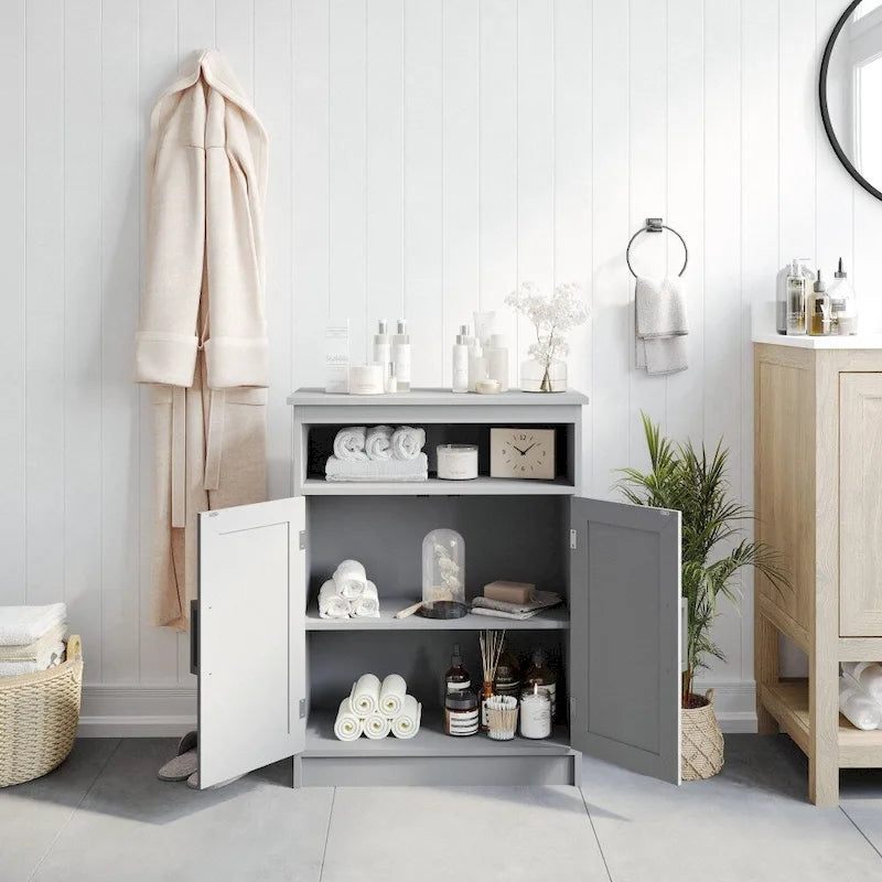 Mobiletto da bagno a pavimento autoportante bianco/grigio, con 2 ante, montaggio da 1 persona