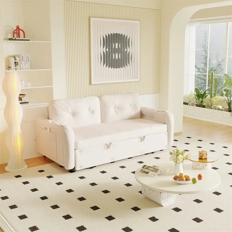 Divano-letto a due posti, Beige/Nero, idraulico, convertibile