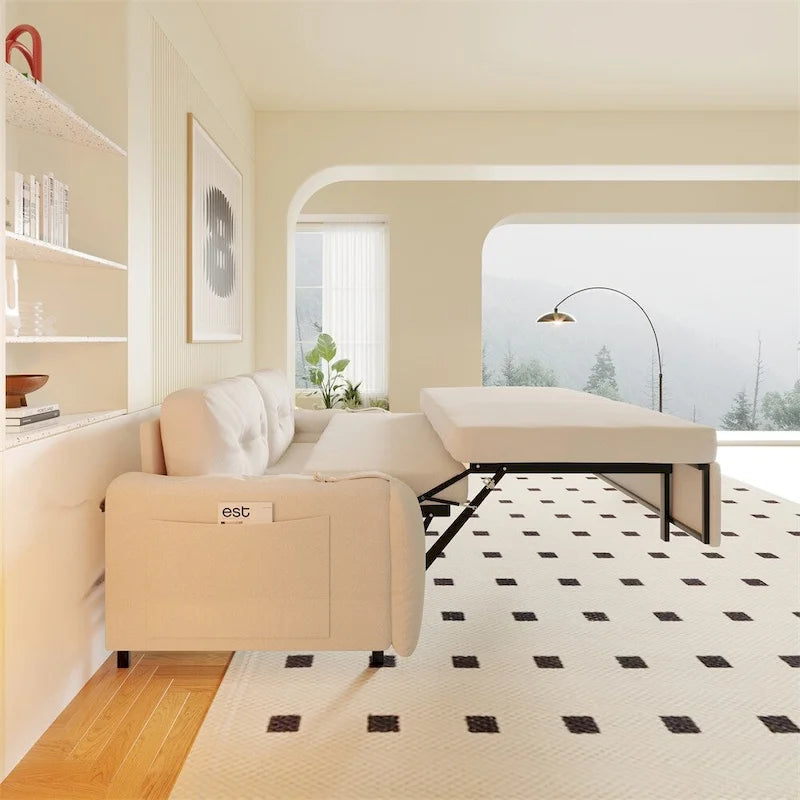 Divano-letto a due posti, Beige/Nero, idraulico, convertibile