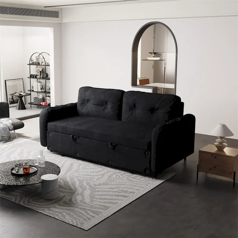 Divano-letto a due posti, Beige/Nero, idraulico, convertibile
