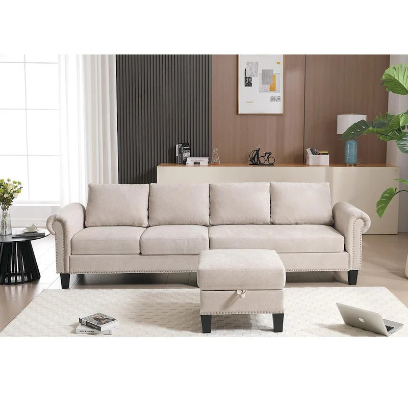 Divano componibile a L in velluto beige con pouf contenitore – 4 posti