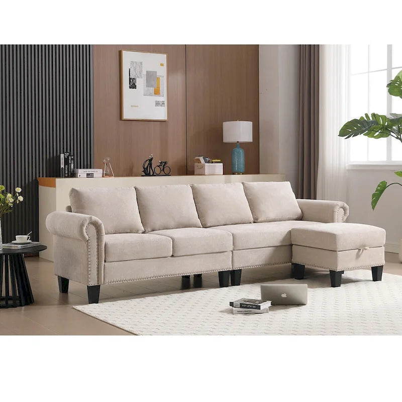 Divano componibile a L in velluto beige con pouf contenitore – 4 posti
