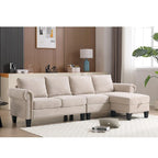 Divano componibile a L in velluto beige con pouf contenitore – 4 posti
