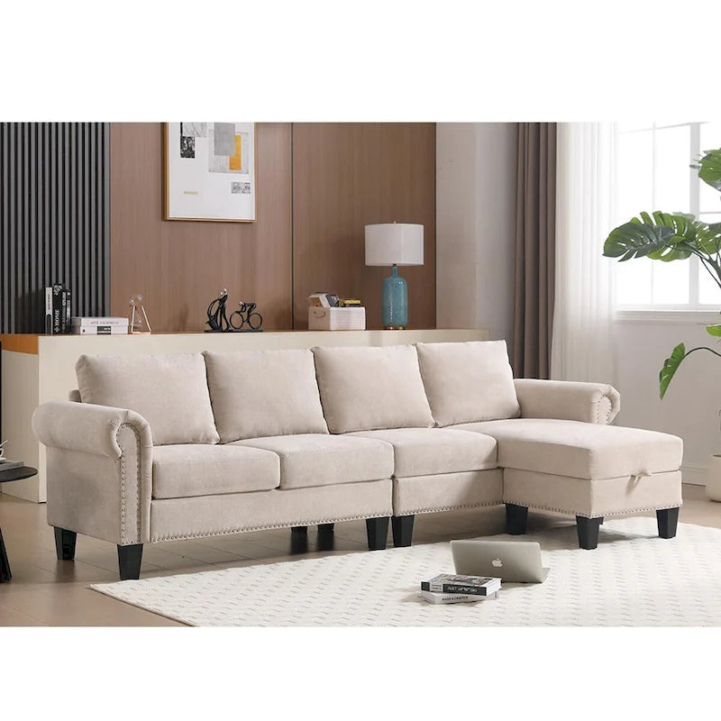 Divano componibile a L in velluto beige con pouf contenitore – 4 posti