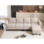 Divano componibile a L in velluto beige con pouf contenitore – 4 posti