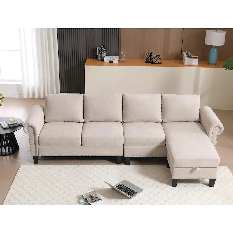 Divano componibile a L in velluto beige con pouf contenitore – 4 posti