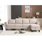 Divano componibile a L in velluto beige con pouf contenitore – 4 posti