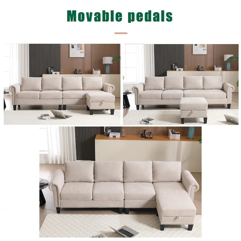 Divano componibile a L in velluto beige con pouf contenitore – 4 posti