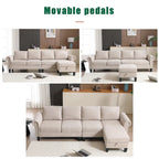 Divano componibile a L in velluto beige con pouf contenitore – 4 posti