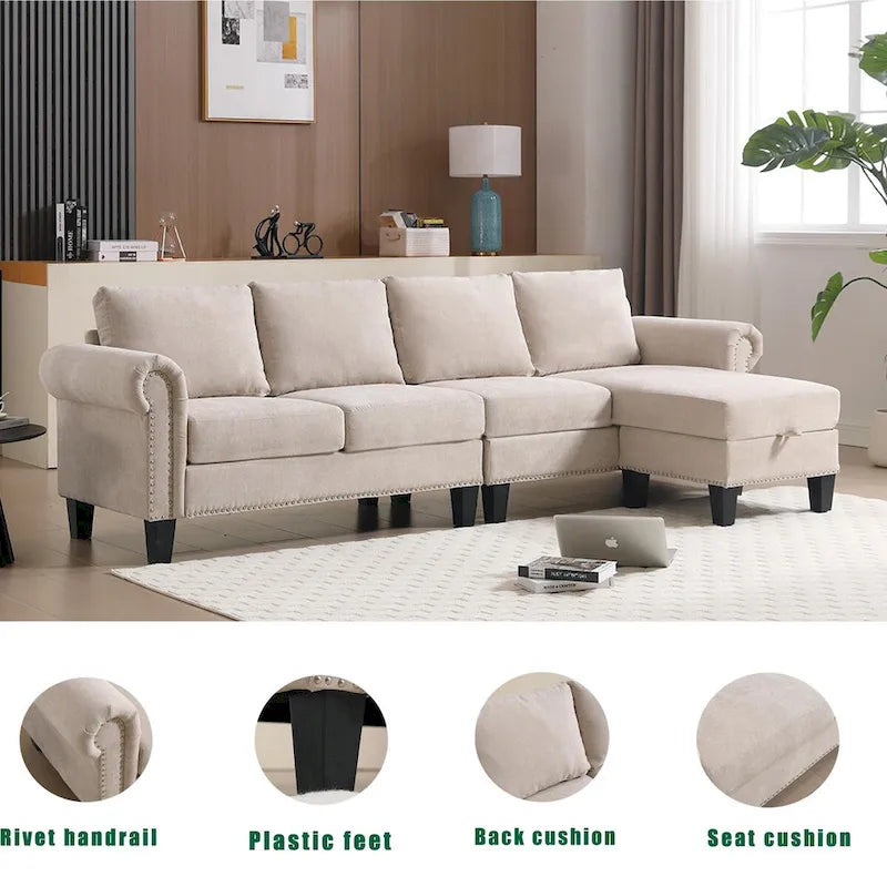 Divano componibile a L in velluto beige con pouf contenitore – 4 posti