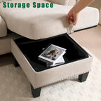 Divano componibile a L in velluto beige con pouf contenitore – 4 posti