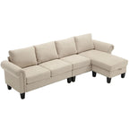 Divano componibile a L in velluto beige con pouf contenitore – 4 posti
