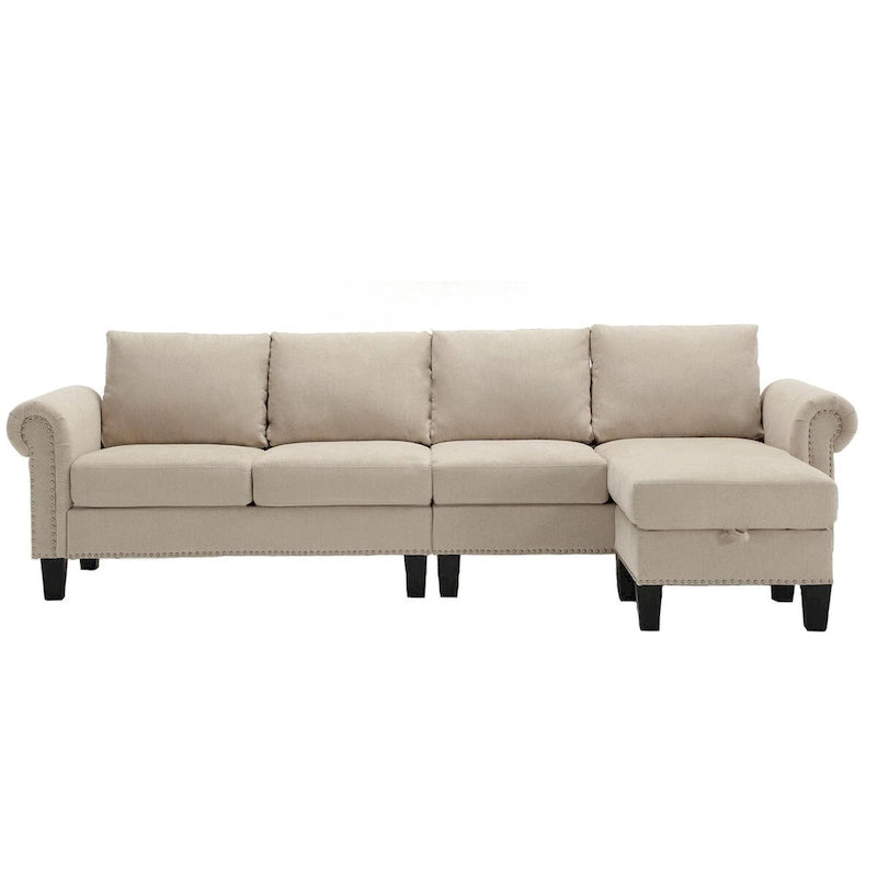 Divano componibile a L in velluto beige con pouf contenitore – 4 posti
