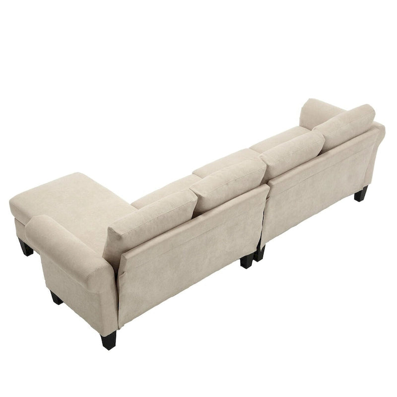 Divano componibile a L in velluto beige con pouf contenitore – 4 posti