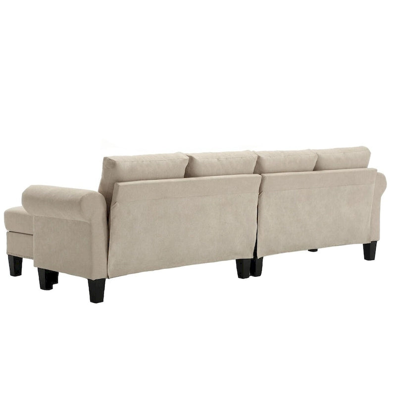 Divano componibile a L in velluto beige con pouf contenitore – 4 posti