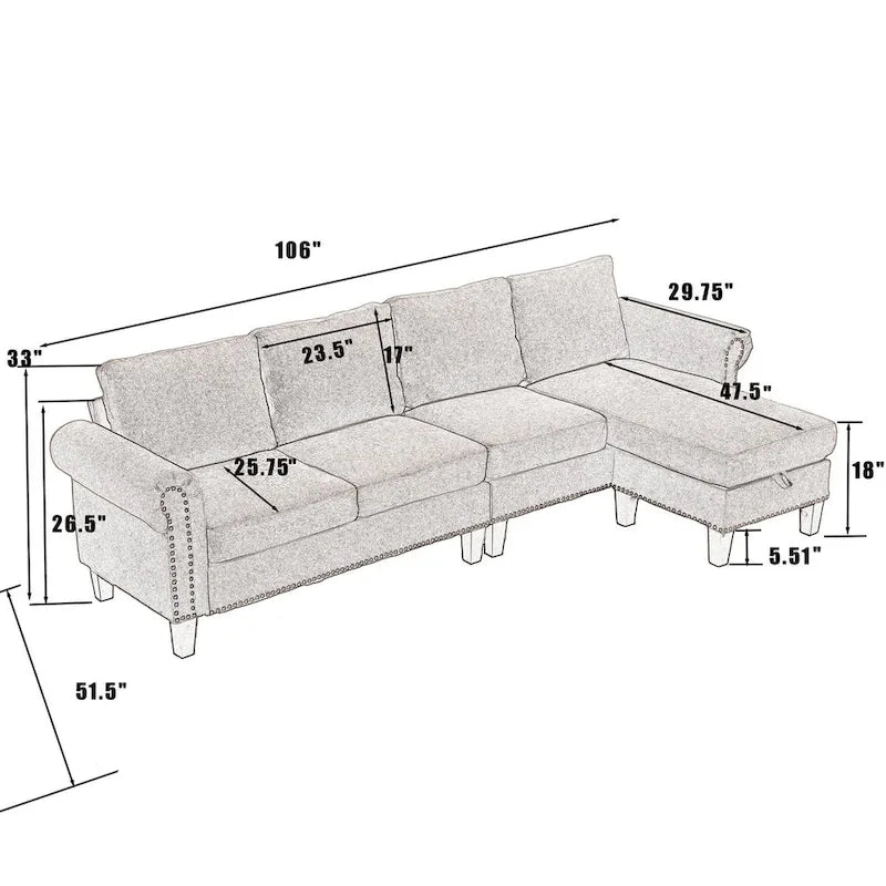 Divano componibile a L in velluto beige con pouf contenitore – 4 posti