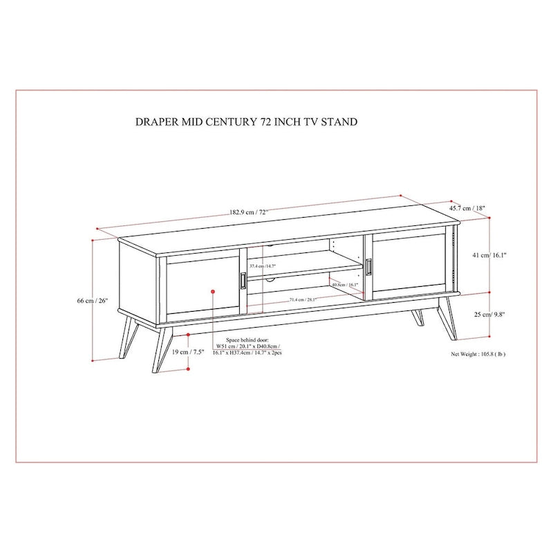 Mobile Porta TV Moderno Metà Secolo in Teak Marrone, Larghezza 183 cm, Adatto per TV fino a 80"