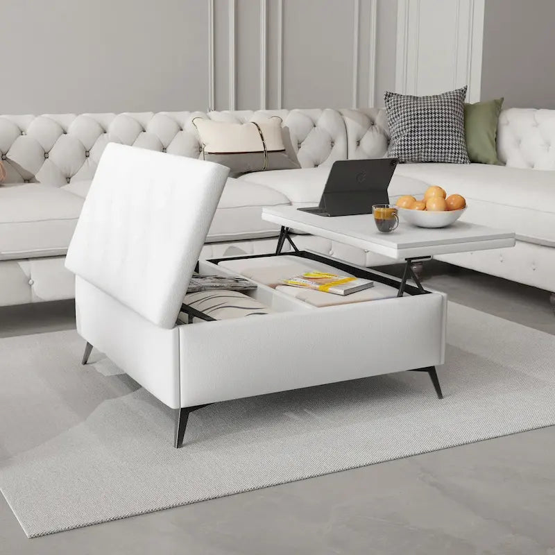 Tavolino-Contenitore con Top Sollevabile Quadrato Bianco, 1-2 Posti a Sedere