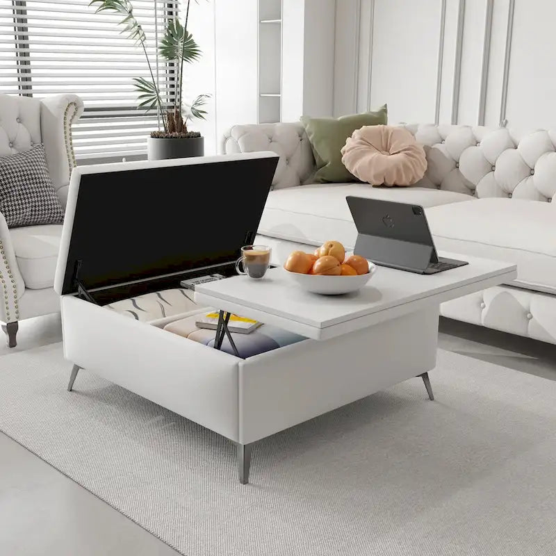 Tavolino-Contenitore con Top Sollevabile Quadrato Bianco, 1-2 Posti a Sedere