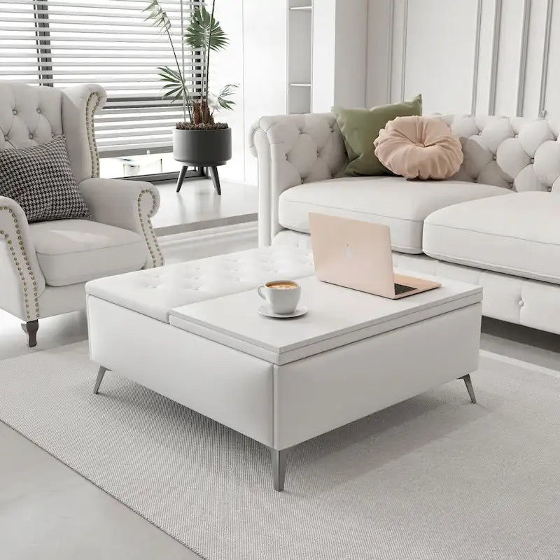Tavolino-Contenitore con Top Sollevabile Quadrato Bianco, 1-2 Posti a Sedere