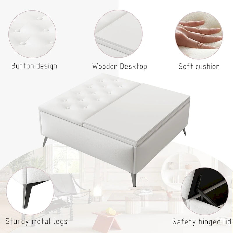 Tavolino-Contenitore con Top Sollevabile Quadrato Bianco, 1-2 Posti a Sedere