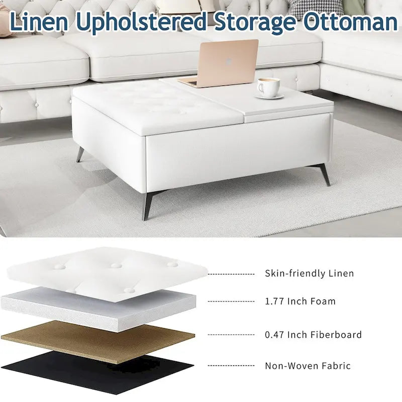 Tavolino-Contenitore con Top Sollevabile Quadrato Bianco, 1-2 Posti a Sedere